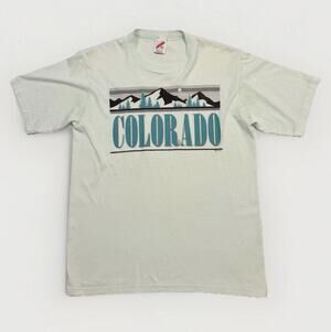 Vintage Jerzees Shirt Mens Medium Green Colorado Mountains Graphic Tee USA 80s
